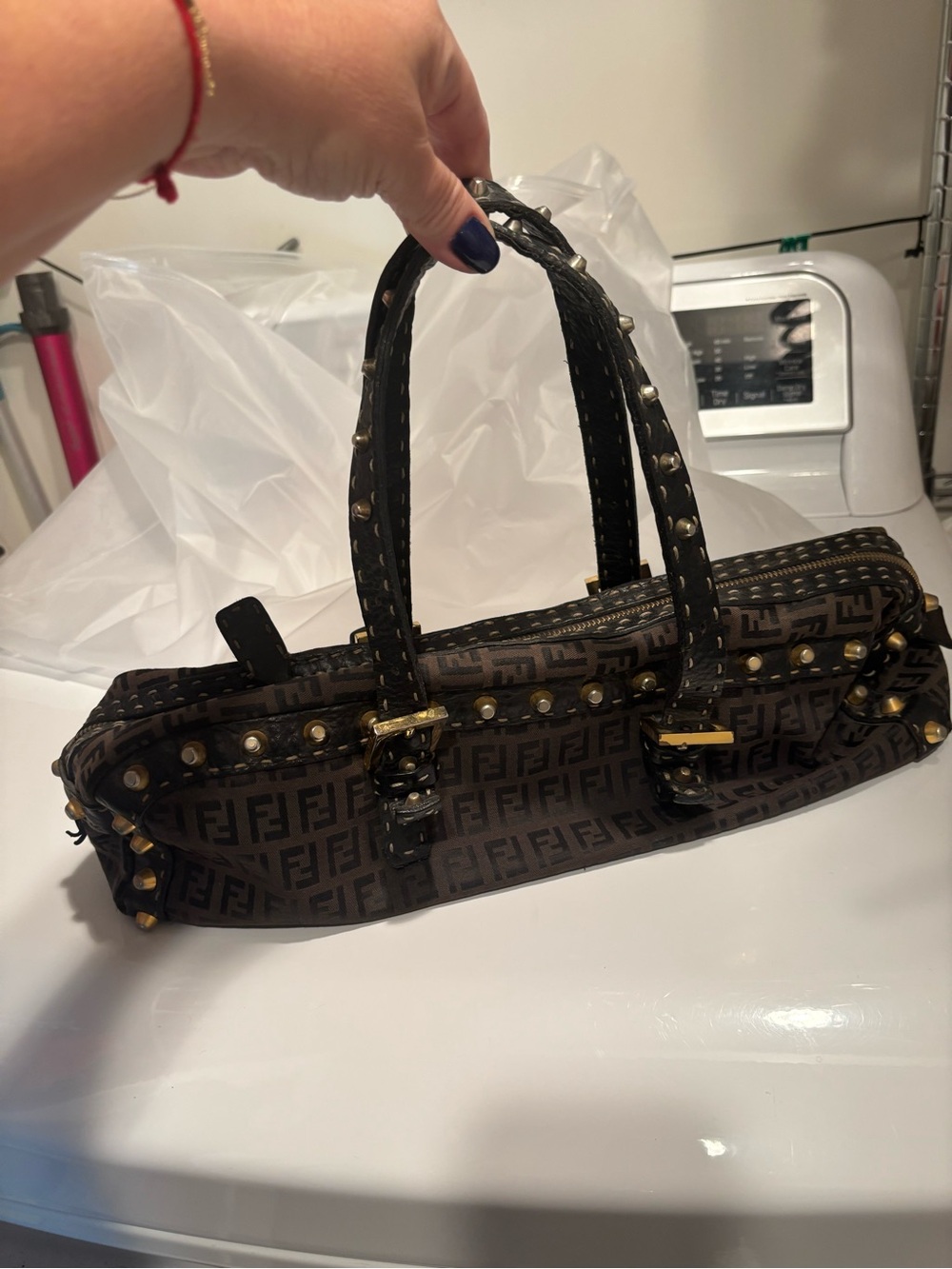 Fendi Vintage Y2K  Black/Brown Zucca Logo Studded Top-Handle Oblong Bag